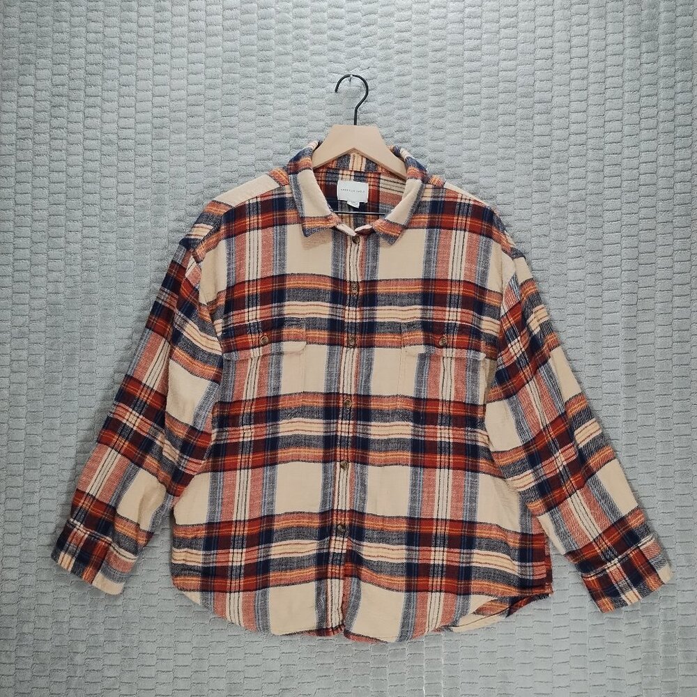 American Eagle Plaid Flannel-Soft 100% Cotton-Boyfriend Fit-Navy-Orange-Sz L
